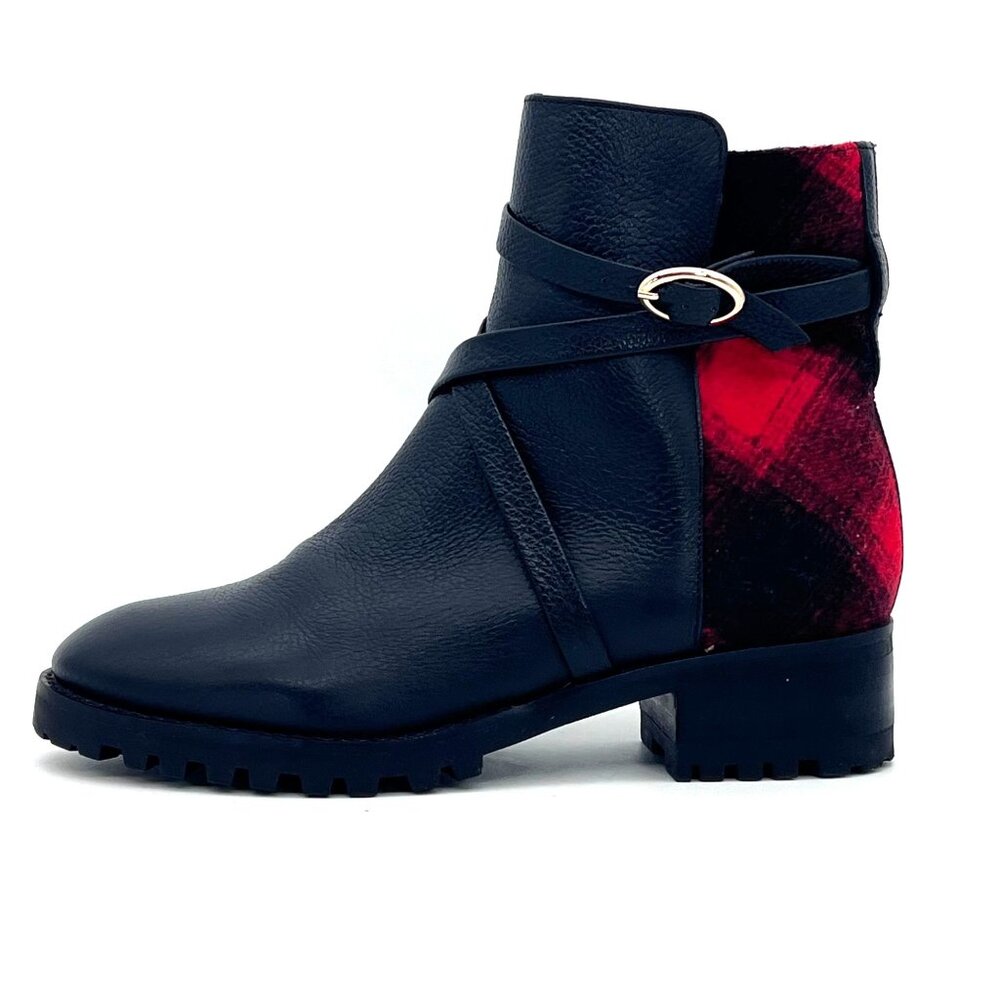 Talbots Black Leather Ankle Boots Womens Size 5M Red Plaid Accent Zip & Buckle - Picture 12 of 14